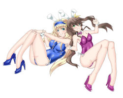 Rule 34 | 10s, 2girls, animal ears, blonde hair, blue eyes, bow, bowtie, breasts, brown hair, cecilia alcott, cleavage, detached collar, fake animal ears, fang, full body, green eyes, hairband, high heels, highres, huang lingyin, infinite stratos, large breasts, leotard, long hair, long legs, multiple girls, playboy bunny, pocca, rabbit ears, small breasts, twintails, wrist cuffs