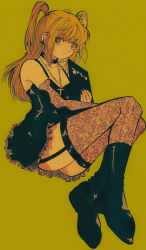 Rule 34 | 1girl, amane misa, black dress, black footwear, black nails, boots, choker, cross, cross earrings, cross necklace, death note, death note (object), dress, earrings, elbow gloves, fingerless gloves, garter straps, gloves, goth fashion, highres, jewelry, knee boots, long hair, nail polish, necklace, pikurusu, sidelocks, simple background, smile, solo, thighhighs, two side up, yellow background, yellow eyes