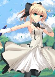 Rule 34 | 1girl, artoria pendragon (all), artoria pendragon (fate), black bow, black pantyhose, blue sky, bow, cross (crossryou), day, detached collar, dress, excalibur (fate/stay night), fate/grand order, fate (series), gloves, high heels, highres, holding, holding sword, holding weapon, leaf, outdoors, pantyhose, saber lily, sky, smile, solo, strapless, strapless dress, sword, thighhighs, weapon, white dress, white gloves