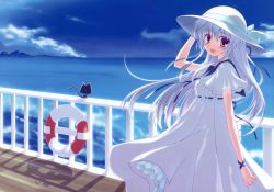 Rule 34 | 1girl, absurdres, blue hair, braid, cat, cloud, day, dress, hat, highres, lifebuoy, long hair, mountain, nanao naru, open mouth, railing, ribbon-trimmed clothes, ribbon trim, sky, smile, solo, sun hat, sundress, swim ring, water