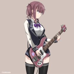 Rule 34 | 1girl, bass guitar, black jacket, black skirt, black thighhighs, blazer, blunt bangs, bow, bowtie, breasts, brown background, carrying over shoulder, cevio, commentary, cowboy shot, earrings, highres, instrument, jacket, jewelry, light smile, looking to the side, medium breasts, miniskirt, music, natsuki karin, playing instrument, pleated skirt, purple bow, purple bowtie, purple eyes, red hair, school uniform, shirt, short hair, short twintails, shoulder strap, sidelocks, skindentation, skirt, solo, standing, syakesoko, synthesizer v, thighhighs, twintails, twitter username, white shirt, zettai ryouiki