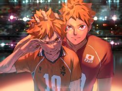Rule 34 | 2boys, aged up, crying, dual persona, haikyuu!!, hinata shouyou, looking at viewer, male focus, multiple boys, orange eyes, orange hair, re it0, sportswear, standing, tearing up, time paradox, twitter username, upper body, volleyball uniform