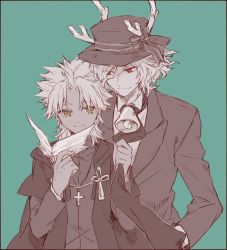 Rule 34 | 2boys, amakusa shirou (fate), bell, cape, dark-skinned male, dark skin, edmond dantes (fate), fate/apocrypha, fate/grand order, fate (series), formal, hat, jewelry, kan&#039;yu (citron 82), long hair, male focus, mask, monochrome, multiple boys, necklace, open mouth, red eyes, short hair, simple background, smile, suit, yaoi, yellow eyes