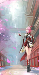 Rule 34 | 1girl, animal ears, architecture, arm wrap, armor, black footwear, blurry, blurry background, breasts, bridge, cherry blossoms, cityscape, depth of field, east asian architecture, elbow gloves, fingerless gloves, fox ears, from below, gloves, hair ornament, hair stick, highres, honkai (series), honkai impact 3rd, japanese armor, japanese clothes, katana, kikivi, kimono, kote, large breasts, looking to the side, multiple swords, pink hair, railing, revision, sheath, sheathed, short hair, short kimono, single sleeve, smile, solo, sword, tassel, thigh strap, walking, weapon, white kimono, wide shot, wide sleeves, yae sakura, yae sakura (flame sakitama), yae sakura (gyakushinn miko), yellow eyes