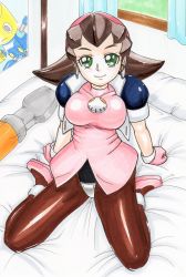 Rule 34 | 1girl, absurdres, arms behind back, bad id, bad pixiv id, bed, bedroom, black hair, blush, breasts, brown hair, brown pantyhose, crotch plate, curtains, earrings, flipped hair, from above, gloves, green eyes, hair slicked back, hairband, hayami jin, high collar, highres, indoors, jewelry, large breasts, light smile, looking at viewer, mega man (series), mega man legends (series), pantyhose, pillow, pink hairband, platform footwear, poster (object), puffy short sleeves, puffy sleeves, screwdriver, servbot (mega man), shirt, shoes, short hair, short sleeves, sitting, smile, solo, spread legs, traditional media, tron bonne (mega man), turtleneck, wariza, window