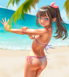 1girl ass back bare_arms beach bikini blue_eyes blue_sky blurry brown_hair cloud day depth_of_field flat_chest grin hair_ribbon highres horizon long_hair looking_at_viewer ocean original palm_tree ponytail ribbon sidelocks sky smile solo standing swimsuit tan tanline teeth tree uzuki_mei white_bikini