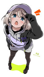 Rule 34 | 1girl, :o, ankle boots, arm at side, arm up, bag, baseball cap, black footwear, black jacket, black pantyhose, blue eyes, blush, boots, commentary request, drawstring, foreshortening, from above, full body, hat, highres, hood, hood down, hoodie, idolmaster, idolmaster shiny colors, jacket, kirikirimai (kkm), long sleeves, looking at viewer, looking up, open clothes, open jacket, open mouth, pantyhose, purple hat, serizawa asahi, shading eyes, short hair, signature, silver hair, simple background, sleeves past wrists, solo, standing, twitter username, white background, white hoodie