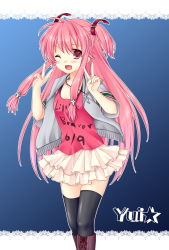 Rule 34 | 10s, 1girl, 467 (artist), ahoge, alternate costume, angel beats!, bad id, bad pixiv id, belt, black thighhighs, boots, cross, double v, fang, highres, long hair, one eye closed, pink eyes, pink hair, short twintails, skirt, solo, thighhighs, twintails, two side up, v, wink, yui (angel beats!), zettai ryouiki