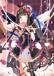 Rule 34 | 1girl, bare shoulders, black hair, blue eyes, bow, chain, dress, hand on own cheek, hand on own face, heart, long hair, looking at viewer, ribbon, selenoring, smile, solo, souseiki aster gate, very long hair, wings, wristband