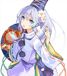 Rule 34 | 1girl, artist name, blush, border, dated, flower, hair flower, hair ornament, hat, long hair, long sleeves, looking at viewer, mononobe no futo, open mouth, pom pom (clothes), ponytail, purple eyes, ribbon, shirt, silver hair, skirt, solo, sweatdrop, tate eboshi, tori (10ri), touhou, turtleneck, upper body, white background, wide sleeves