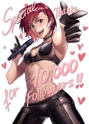 Rule 34 | 1girl, belt, black bra, black choker, black gloves, bra, breasts, choker, commentary, earrings, english commentary, finger gun, milestone celebration, gloves, groin, half gloves, han soo-min (hanny), hanny (uirusu chan), highres, holding, holding microphone, idol, jewelry, leather, leather pants, lips, microphone, navel, open mouth, original, pants, pointing, pointing at viewer, purple eyes, short hair, small breasts, smile, solo, studded belt, studded choker, teeth, thank you, toned, underwear