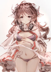 Rule 34 | 1girl, :o, animal ears, arknights, black bra, black panties, bra, brown eyes, brown hair, cowboy shot, cuy7, dress, eyjafjalla (arknights), hand on own chest, highres, horns, light blush, long hair, looking at viewer, mask around neck, navel, open clothes, open dress, panties, sheep ears, sheep girl, sheep horns, simple background, solo, standing, underwear, white background, white dress