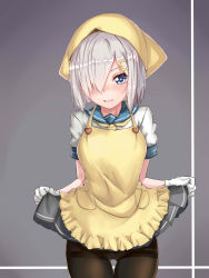 Rule 34 | 10s, 1girl, absurdres, apron, blue eyes, blush, breasts, clothes lift, gloves, hair ornament, hair over one eye, hairclip, hamakaze (kancolle), head scarf, highres, ivan wang, kantai collection, large breasts, lifting own clothes, looking at viewer, pantyhose, pleated skirt, school uniform, serafuku, short hair, silver hair, skirt, skirt lift, smile, solo, white gloves