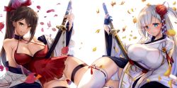 Rule 34 | 2girls, absurdres, arm support, azur lane, bad id, bad twitter id, bare shoulders, blue eyes, blurry, blush, breasts, brown hair, cleavage, closed mouth, collarbone, covered navel, depth of field, dress, falling leaves, flower, gluteal fold, grin, hair flower, hair ornament, hair ribbon, highres, japanese clothes, katana, kimono, large breasts, leaf, long hair, long sleeves, looking at viewer, mole, mole under eye, multiple girls, off shoulder, open clothes, panties, parted lips, ponytail, red dress, red ribbon, ribbon, ribbon trim, satou daiji, sheath, sheathed, short dress, short hair, shoukaku (azur lane), simple background, smile, sword, teeth, thigh strap, thighhighs, underwear, upskirt, very long hair, weapon, white background, white hair, white kimono, white legwear, white panties, yellow eyes, zuikaku (azur lane)