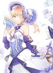 Rule 34 | 1girl, ;), artoria pendragon (all), artoria pendragon (fate), blonde hair, blush, bonnet, breasts, caliburn (fate), closed mouth, commentary request, cpqm, detached sleeves, dress, fate/unlimited codes, fate (series), floral background, green eyes, hair between eyes, hand fan, hand up, highres, holding, holding fan, holding sword, holding weapon, juliet sleeves, long hair, long sleeves, looking at viewer, one eye closed, puffy sleeves, purple dress, purple headwear, purple sleeves, saber lily, small breasts, smile, solo, strapless, strapless dress, sword, weapon, white background