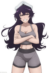 Rule 34 | 1girl, absurdres, bambietta basterbine, black hair, bleach, blush, breasts, cleavage, collarbone, crossed arms, grey shorts, grey sports bra, grin, hat, highres, large breasts, long hair, looking at viewer, military hat, mistowing, navel, purple eyes, shorts, signature, simple background, smile, solo, sports bra, sportswear, white background