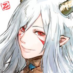 Rule 34 | 1boy, closed mouth, facial mark, hair between eyes, horns, looking at viewer, male focus, nijisanji, pointy ears, portrait, red eyes, shu-mai, simple background, smile, solo, umiyasha no kami, virtual youtuber, white background, white hair