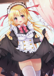 Rule 34 | 1girl, :d, apron, black dress, blonde hair, blush, bow, breasts, clothes lift, collared dress, commentary request, curtains, day, dress, dress lift, frilled apron, frills, fujikura ryuune, hair between eyes, indoors, juliet sleeves, long hair, long sleeves, looking at viewer, maid, maid apron, maid headdress, medium breasts, open mouth, original, puffy sleeves, red bow, red eyes, skindentation, smile, solo, thighhighs, very long hair, white apron, white thighhighs, window