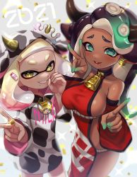 + +, 2021, 2girls, alternate costume, animal print, bangs, bell, black hair, blunt bangs, breasts, cephalopod eyes, chinese zodiac, colored skin, cow hood, cow horns, cow print, cowbell, crown, dark skin, dark skinned female, detached sleeves, domino mask, dress, earrings, english text, fang, gradient hair, green eyes, green hair, grin, hair ornament, halterneck, highres, hood, hood up, horns, index finger raised, iria (yumeirokingyo), jewelry, kanji, large breasts, long hair, long sleeves, looking at viewer, makeup, marina (splatoon), mascara, mask, medium hair, mole, mole under eye, multicolored, multicolored hair, multicolored skin, multiple girls, nintendo, open mouth, pearl (splatoon), pendant, pink hair, pink pupils, print dress, red dress, red sleeves, short dress, side-by-side, side cutout, sideboob, smile, sparkle, splatoon (series), standing, suction cups, symbol commentary, tentacle hair, tilted headwear, translated, v, white hair, white headwear, year of the ox