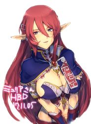Rule 34 | 1girl, blue eyes, breasts, capelet, cleavage, commentary request, earrings, gloves, jewelry, large breasts, long hair, looking at viewer, midriff, murata tefu, myuria tionysus, open mouth, pointy ears, red hair, sidelocks, simple background, skirt, solo, star ocean, star ocean the last hope, very long hair, white background