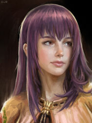 Rule 34 | 1girl, absurdres, brown background, brown capelet, brown hair, capelet, closed mouth, commentary, egnigem cenia, elvafirst, english commentary, highres, lips, long hair, looking afar, nose, portrait, purple hair, ragnarok online, realistic, sidelocks, signature, solo, swordsman (ragnarok online)