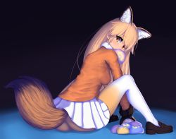 Rule 34 | 1girl, animal ears, arm support, ass, bad id, bad pixiv id, brown eyes, extra ears, eyes visible through hair, ezo red fox (kemono friends), food, fox ears, fox tail, from side, full body, fur-trimmed sleeves, fur trim, gloves, highres, jacket, japari bun, kemono friends, knees up, leaning forward, light brown hair, long hair, long sleeves, looking at viewer, looking to the side, miniskirt, mouth hold, no panties, orange jacket, pantyhose, parted bangs, pochif, shoes, sidelocks, sitting, skirt, solo, tail, thighhighs, white skirt