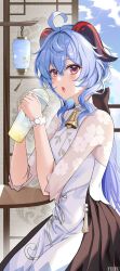 Rule 34 | 1girl, ahoge, bell, blue hair, blush, bow, cup, drinking straw, feifu, ganyu (genshin impact), ganyu (heytea) (genshin impact), genshin impact, highres, holding, holding cup, horns, long hair, looking at viewer, low ponytail, neck bell, official alternate costume, open mouth, purple eyes, see-through, see-through sleeves, sidelocks, sitting, solo, white wristband