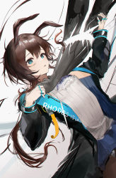 Rule 34 | 1girl, 1other, amiya (arknights), animal ears, arknights, black coat, blue eyes, blue skirt, brown hair, brown pantyhose, clothes writing, coat, disembodied hand, hands on another&#039;s neck, highres, jewelry, long hair, long sleeves, looking at viewer, miniskirt, multiple rings, open clothes, open coat, panties, panties under pantyhose, pantyhose, pantyshot, parted lips, ponytail, rabbit ears, ring, shirt, sidelocks, simple background, skirt, solo focus, underwear, upskirt, white background, white panties, white shirt, yonchan