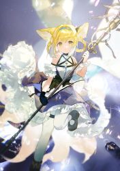 Rule 34 | 1girl, animal ears, arknights, bare shoulders, black footwear, blonde hair, blue dress, braid, closed mouth, commentary, corset, dot mouth, dress, fox ears, fox tail, frilled dress, frills, full body, gloves, green eyes, guagua0313, hair ornament, hairband, highres, holding, holding staff, holding weapon, looking at viewer, material growth, multicolored hair, off shoulder, oripathy lesion (arknights), shadow, sidelocks, single glove, solo, sparkle, staff, standing, standing on one leg, suzuran (arknights), tail, thigh strap, twin braids, two-tone hair, weapon, white dress, white hair, white legwear