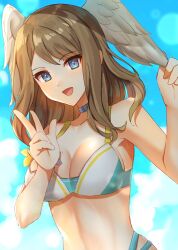 Rule 34 | 1girl, :d, bikini, blue eyes, breast tattoo, breasts, brown hair, choker, cleavage, commentary, edamameoka, eunie (xenoblade), head wings, highres, large breasts, long hair, looking at viewer, multi-strapped bikini, official alternate costume, open mouth, smile, solo, swept bangs, swimsuit, tattoo, w, white wings, wings, xenoblade chronicles (series), xenoblade chronicles 3