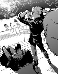 Rule 34 | 1girl, 4boys, aged down, arms up, baby 5, black coat, black shirt, blonde hair, buffalo (one piece), capri pants, child, coat, commentary, donquixote doflamingo, donquixote rocinante, earrings, feather coat, highres, jewelry, monochrome, multiple boys, ocean, one piece, pants, shadow, shirt, short hair, signature, sitting, smile, st asjm, stairs, standing, symbol-only commentary, trafalgar law