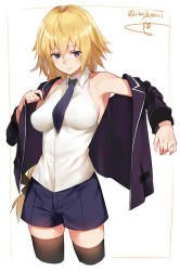 Rule 34 | 1girl, ahoge, armpits, black neckwear, blonde hair, blue eyes, breasts, closed mouth, cropped legs, fate/apocrypha, fate (series), hair between eyes, highres, isshiki (ffmania7), jeanne d&#039;arc (fate), jeanne d&#039;arc (girl from orleans) (fate), jeanne d&#039;arc (ruler) (fate), medium breasts, solo, twitter username