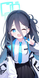 Rule 34 | 1girl, absurdres, aris (blue archive), black hair, black hairband, black skirt, blue archive, blue eyes, blue necktie, blush, bright pupils, collared shirt, commentary, dated, green halo, hairband, halo, highres, id card, jacket, long hair, long sleeves, necktie, one eye closed, one side up, open clothes, open jacket, open mouth, pleated skirt, revision, ringed eyes, shirt, signature, simple background, skirt, smile, solo, two-sided fabric, two-sided jacket, v, white background, white pupils, white shirt, zcx