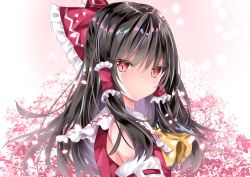 Rule 34 | 1girl, ascot, black hair, bow, closed mouth, detached sleeves, frilled bow, frilled hair tubes, frills, from side, hair bow, hair tubes, hakurei reimu, looking at viewer, medium hair, nanase nao, nontraditional miko, red bow, red eyes, ribbon-trimmed sleeves, ribbon trim, solo, touhou, upper body, yellow ascot