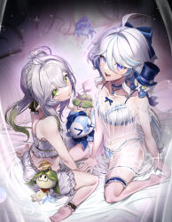 Rule 34 | 2girls, :d, ahoge, aranara (genshin impact), arm support, bare shoulders, bed sheet, bloomers, blue collar, blue eyes, blue hair, blue panties, bra, braid, breasts, bridal garter, camisole, collar, dress, eyelashes, frilled bloomers, frilled bra, frilled camisole, frilled panties, frills, full body, furina (genshin impact), genshin impact, gentilhomme usher, gradient hair, green eyes, green hair, hair between eyes, heterochromia, highres, legs folded, long hair, looking at viewer, mademoiselle crabaletta, manchi (maaanchiii), multicolored hair, multiple girls, nahida (genshin impact), open mouth, panties, parted lips, see-through, see-through dress, single braid, sitting, smile, sparkle, star-shaped pupils, star (symbol), surintendante chevalmarin, symbol-shaped pupils, teeth, toes, underwear, upper teeth only, white bloomers, white bra, white camisole, white hair