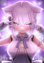 Rule 34 | 1girl, absurdres, ahoge, animal ear fluff, animal ears, blush, breasts, cat ears, cat girl, cleavage, double v, fang, food-themed hair ornament, gloves, hair ornament, highres, hololive, hololive idol uniform, large breasts, looking at viewer, nekomata okayu, onigiri hair ornament, purple eyes, purple hair, shirt, sleeveless, sleeveless shirt, smile, solo, tkc (user snjd8547), tongue, tongue out, v, vest, virtual youtuber, white gloves, white shirt, white vest