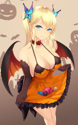 Rule 34 | 1girl, bare shoulders, black gloves, blonde hair, blue eyes, blush, boku wa tomodachi ga sukunai, breasts, bug, butterfly, butterfly hair ornament, cait aron, candy, choker, clothes lift, collarbone, demon wings, dress, dress lift, elbow gloves, fang, food, gloves, hair between eyes, hair ornament, halloween, head tilt, highres, insect, kashiwazaki sena, large breasts, lifted by self, long hair, looking at viewer, no bra, orange dress, sidelocks, skin fang, solo, standing, twintails, wings