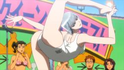 Rule 34 | 1boy, 4girls, ass, bare legs, barefoot, blue sky, breasts, cleavage, detached collar, flexible, hat, highleg, highleg swimsuit, highres, karakuri circus, leg lift, lips, looking at viewer, looking to the side, medium breasts, medium hair, multiple girls, ponytail, screencap, shiny clothes, shirogane (karakuri circus), short hair, sky, solo, swimsuit, twitter username, wide hips