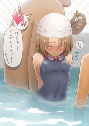Rule 34 | 1boy, 1girl, arms behind back, beard, blush, brown hair, covered navel, facial hair, fence, goggles, goggles around neck, highres, name tag, one-piece swimsuit, original, plus step, pool, school swimsuit, short hair, swim cap, swimsuit, translation request, water, wet, whistle