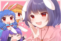 Rule 34 | &gt; &lt;, 4girls, :t, animal ears, black hair, blue dress, blue hair, blush, brown headwear, cabbie hat, carrot necklace, chibi, chinese zodiac, closed eyes, closed mouth, commentary request, dango, dress, earclip, floppy ears, food, frilled sleeves, frills, hat, highres, inaba tewi, jewelry, long sleeves, looking at viewer, milll 77, multiple girls, necklace, open mouth, orange shirt, pink shirt, purple hair, rabbit ears, rabbit girl, red eyes, reisen udongein inaba, ringo (touhou), seiran (touhou), shirt, short hair, short sleeves, smile, textless version, touhou, upper body, wagashi, year of the rabbit