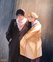 Rule 34 | 1boy, 1girl, annoyed, artist name, black coat, black eyes, black hair, black jacket, blonde hair, blue sweater, blush, brown eyes, buttons, coat, couple, ear piercing, earrings, embarrassed, eyebrows, fullmetal alchemist, hair between eyes, hands in pockets, happy, height difference, hetero, highres, hug, jacket, jewelry, light blush, long hair, long sleeves, looking at another, nose blush, pale skin, piercing, ponytail, pout, rain, riza hawkeye, roy mustang, short hair, sigh, sleeves past elbows, smile, sunlight, sweater, twitter username, viria13, watermark, white sweater, winter clothes, yellow coat, yellow jacket