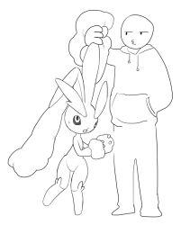 Rule 34 | 1boy, 1girl, arm up, body fur, clenched hand, creatures (company), drawstring, grabbing another&#039;s ear, flat chest, full body, furry, furry female, game freak, gen 4 pokemon, grabbing, greyscale, half-closed eyes, hand in pocket, hand on another&#039;s ear, hands up, height difference, hood, hood down, hooded sweater, jitome, looking to the side, looking up, lopunny, monochrome, nintendo, o3o, open mouth, own hands together, pokemon, pokemon (creature), rabbit ears, rabbit girl, simple background, sketch, standing, sweat, sweater, tosx, white background, wide hips