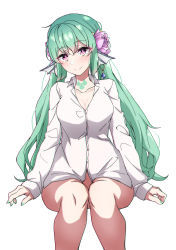 Rule 34 | 1girl, absurdres, arimon (dfrgty12), blouse, blush, bottomless, breasts, cleavage, collarbone, collared shirt, earrings, finana ryugu, fins, fish girl, flower, green hair, green nails, hair flower, hair ornament, head fins, highres, jewelry, long hair, long sleeves, looking at viewer, medium breasts, nail polish, naked shirt, neck tattoo, nijisanji, nijisanji en, purple eyes, purple flower, shirt, simple background, single earring, sitting, sleeves past wrists, smile, solo, tattoo, virtual youtuber, white background, white shirt