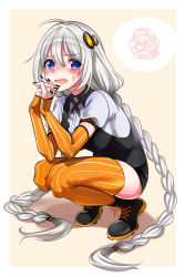 Rule 34 | 1girl, ahoge, black footwear, black nails, black shorts, black vest, blue eyes, blush, boots, braid, cross-laced footwear, detached sleeves, fang, fingerless gloves, full body, gloves, hair between eyes, hair ornament, interlocked fingers, kizuna akari, lace-up boots, long hair, long sleeves, looking at viewer, nail polish, nose blush, open mouth, orange thighhighs, own hands together, pink lips, puffy short sleeves, puffy sleeves, shirt, short shorts, short sleeves, shorts, silver hair, sleeves past wrists, solo, squatting, striped clothes, striped thighhighs, thighhighs, tiptoes, twin braids, vertical-striped clothes, vertical-striped thighhighs, very long hair, vest, vocaloid, voiceroid, wavy mouth, white shirt, yodare (3yami8)