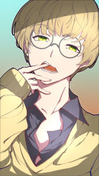 Rule 34 | 1boy, black shirt, blonde hair, bowl cut, earrings, finger in own mouth, glasses, gradient background, green eyes, highres, hizaki gamma (artist), jewelry, looking at viewer, male focus, open collar, open mouth, original, outline, round eyewear, shirt, short hair, single earring, sleeves past wrists, solo, sweater, teeth, upper body, v-neck, white outline, yellow sweater