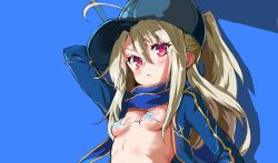 Rule 34 | 1girl, absurdres, ahoge, arm up, artist request, artoria pendragon (all), artoria pendragon (fate), baseball cap, bikini, bikini top only, blue background, breasts, cosplay, fate/grand order, fate/kaleid liner prisma illya, fate (series), hair between eyes, hat, heroine x (cosplay), highres, illyasviel von einzbern, jacket, light brown hair, long hair, micro bikini, mysterious heroine x (fate), one side up, open clothes, open jacket, red eyes, saber (fate), scarf, simple background, small breasts, solo, sparkle, striped bikini, striped bikini top, striped clothes, swimsuit, underboob, upper body