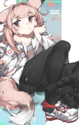 Rule 34 | 1girl, absurdres, animal ears, arknights, black pantyhose, chest sarashi, chinese commentary, closed mouth, coat, commentary request, fox ears, fox girl, fox tail, highres, lab coat, looking at viewer, meiwei de jianbing, pantyhose, pink eyes, pink hair, sarashi, shoes, sneakers, soles, solo, steam, sussurro (arknights), sweat, tail, thighband pantyhose, toes, unworn footwear, white coat