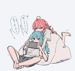 Rule 34 | 2girls, ahoge, barefoot, bean bag chair, blue eyes, blue hair, byby kmgr, commentary, controller, game controller, green eyes, grey shorts, holding, holding controller, holding game controller, hololive, hoshimachi suisei, long hair, micomet (hololive), multiple girls, nintendo switch, pink hair, sakura miko, shirt, short sleeves, shorts, simple background, speech bubble, translation request, virtual youtuber, white background, white shirt