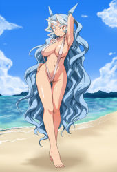 Rule 34 | 1girl, barefoot, beach, blue hair, breasts, cleavage, cloyster, creatures (company), day, game freak, gen 1 pokemon, hand on own hip, hip focus, horns, jouwan, large breasts, long hair, nintendo, personification, pokemon, slingshot swimsuit, solo, swimsuit, thigh gap, thighs, very long hair, wavy hair