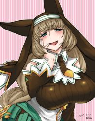 Rule 34 | 1girl, animal ears, bare shoulders, blush, bombergirl, breasts, dress, fake animal ears, green eyes, highres, huge breasts, kijoochako, large breasts, long hair, looking at viewer, nun, open mouth, ribbed sweater, sepia belmont, simple background, smile, solo, sweater, very long hair